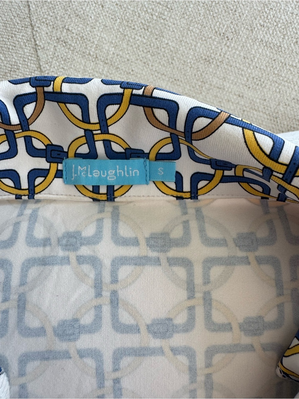 J. McLaughlin White Polo with Navy & Mustard Chain Link Print - Picture 2 of 4